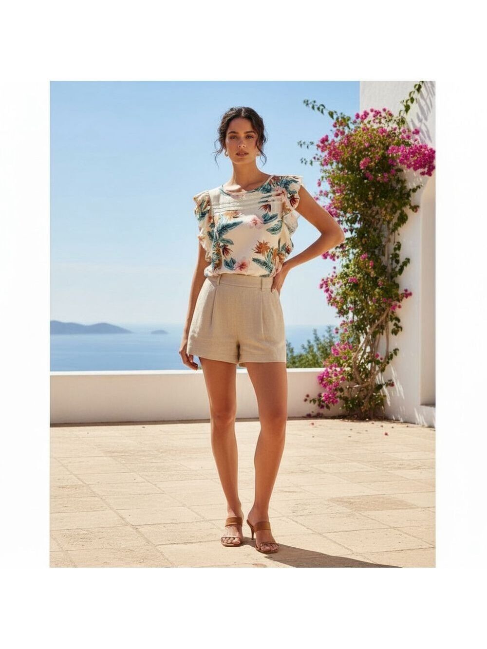 Nicole Fashion Beige Green Floral Ruffle Blouse Size L (PTP 19”)